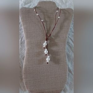 Handmade White Pearl & Brown Leather 3-Way Necklace